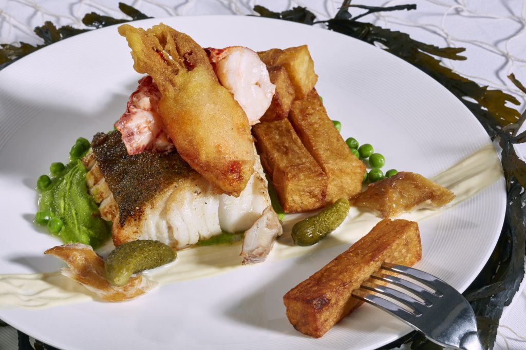 Lobster and chips, fillet of cod, peas and smoked mackerel aioli Lobster and chips, fillet of cod, peas and smoked mackerel aioli
